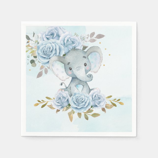 Baby Blue Floral Cute Elephant Boy Baby Shower Napkin (Front)