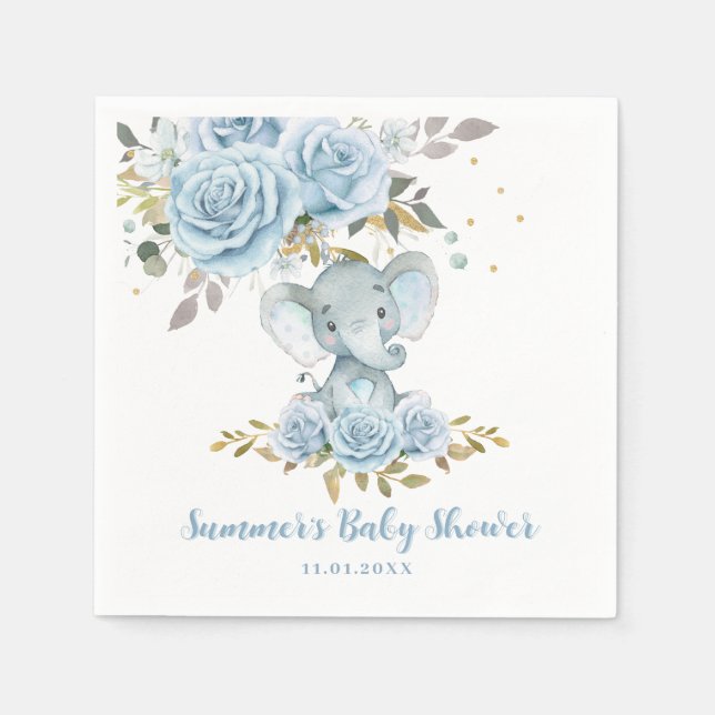 Baby Blue Floral Cute Elephant Boy Baby Shower Napkin (Front)