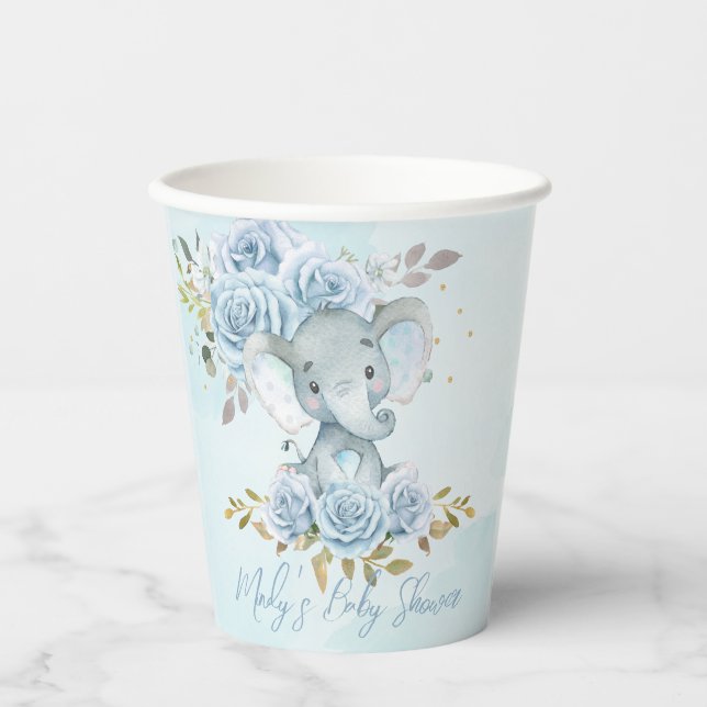 Baby Blue Floral Cute Elephant Boy Baby Shower Paper Cups (Front)