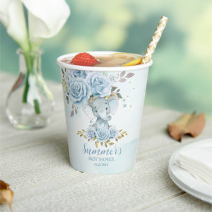 Baby Blue Floral Cute Elephant Boy Baby Shower Paper Cups