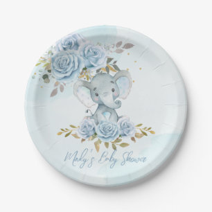 Baby Blue Floral Cute Elephant Boy Baby Shower Paper Plate