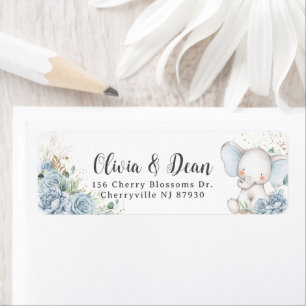 Baby Blue Floral Elephant Boy Baby Shower address Return Address Label