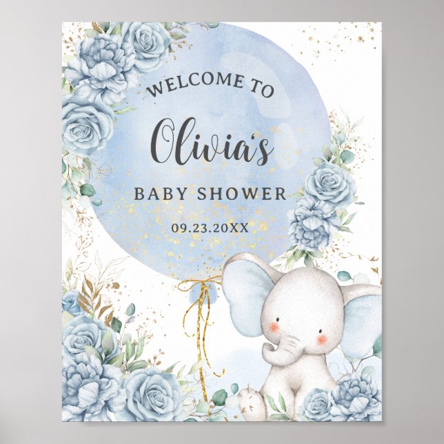 Baby Blue Floral Elephant Boy Baby Shower Poster (Front)