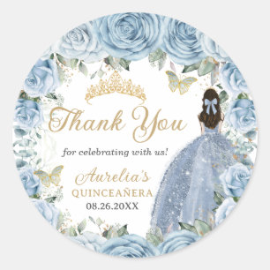 Baby Blue Floral Gold Butterflies Princess Dress Classic Round Sticker