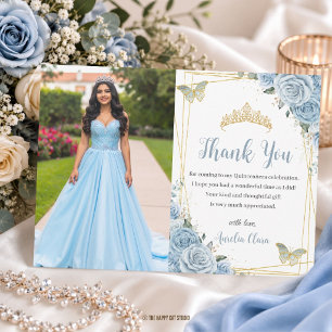 Baby Blue Floral Gold Butterfly Quinceañera Photo Thank You Card