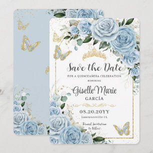 Baby Blue Floral Gold Quinceañera Butterflies Arch Save The Date
