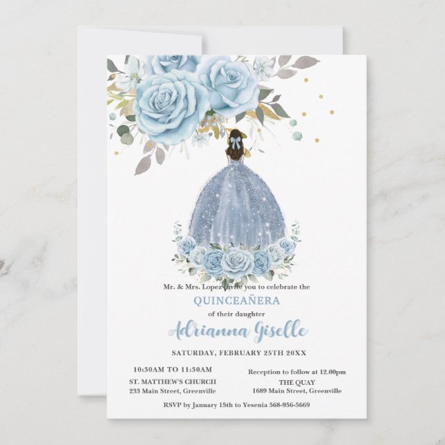 Baby Blue Floral Gold Quinceañera Princess Dress Invitation (Front)