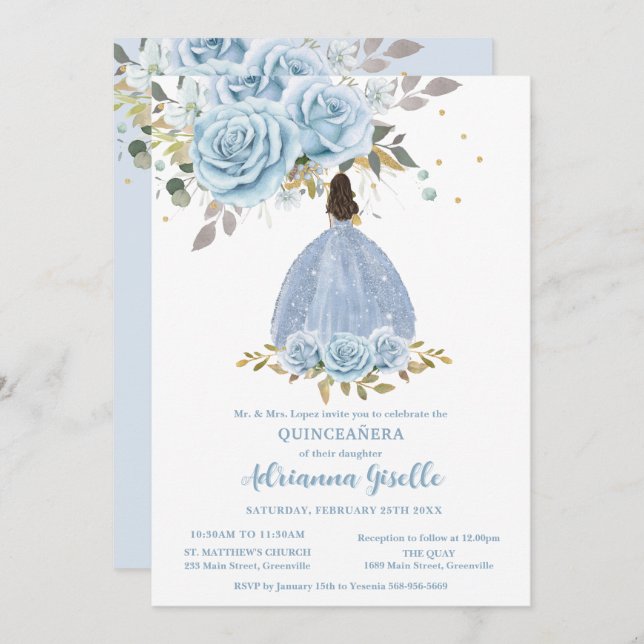 Baby Blue Floral Gold Quinceanera Princess Girl Invitation (Front/Back)