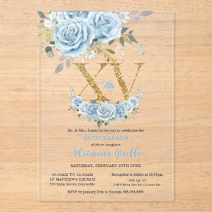 Baby Blue Floral Gold XV Quinceañera Quince 15 Acrylic Invitations