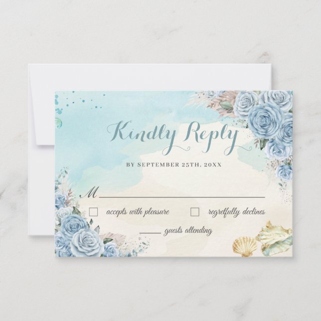 Baby Blue Floral Pampas Grass Beach Sweet 16 Reply RSVP Card (Front)