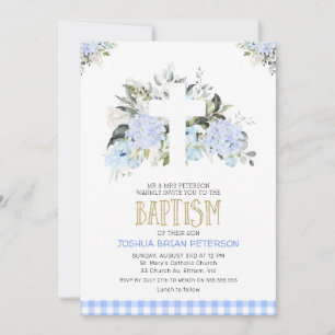 Baby Blue Floral Plaid Cross Baptism Invitation