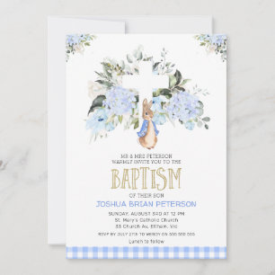 Baby Blue Floral Plaid Peter Rabbit Baptism Invitation