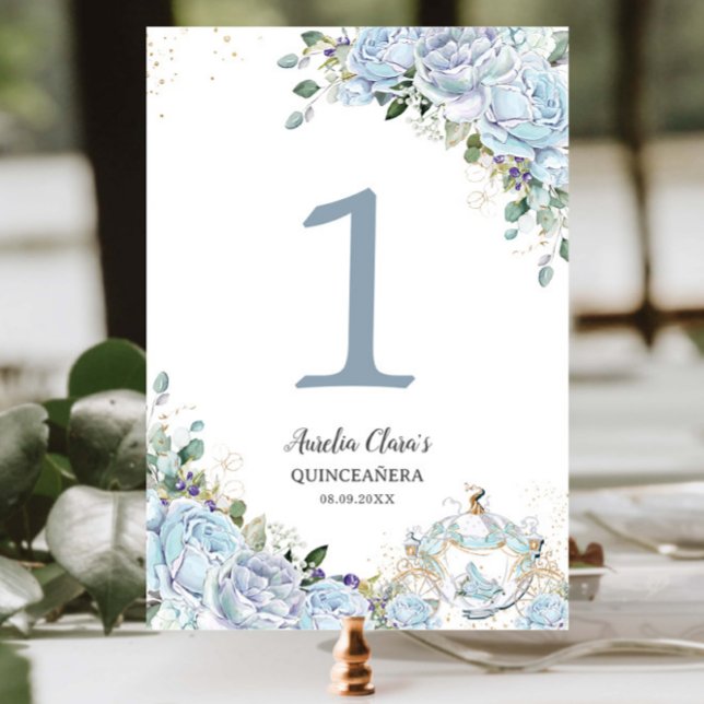 Baby Blue Floral Princess Carriage Quinceanera 16 Table Number (Creator Uploaded)