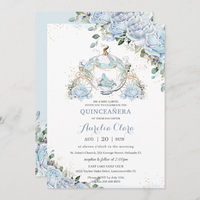 Baby Blue Floral Princess Coach Quinceanera Court  Invitation (Front/Back)
