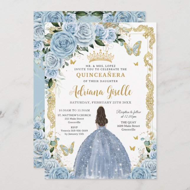 Baby Blue Floral Princess Dress Gold Quinceanera Invitation (Front/Back)