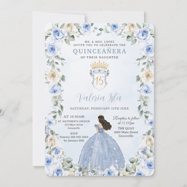 Baby Blue Floral Princess Dress Gold Quinceañera Invitation (Front)