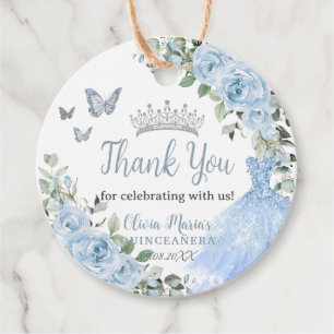 Baby Blue Floral Princess Dress Silver Quinceañera Favour Tags