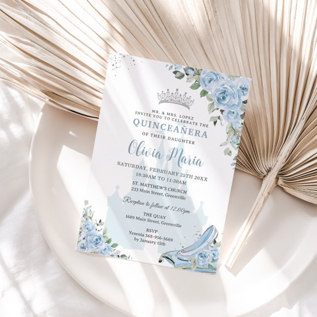 Baby Blue Floral Princess Glass Shoe Quinceañera Invitation (Creator Uploaded)