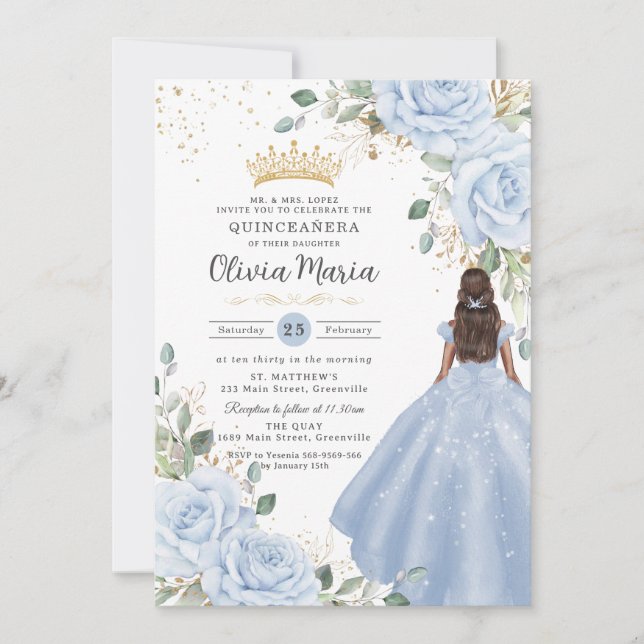 Baby Blue Floral Princess Gown Quinceañera Quince Invitation (Front)
