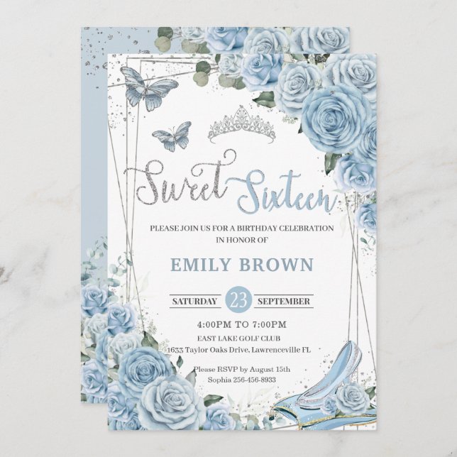 Baby Blue Floral Princess Sweet sixteen 16th Invitation (Front/Back)
