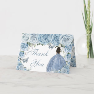 Baby Blue Floral Quinceañera Brown Princess  Thank You Card