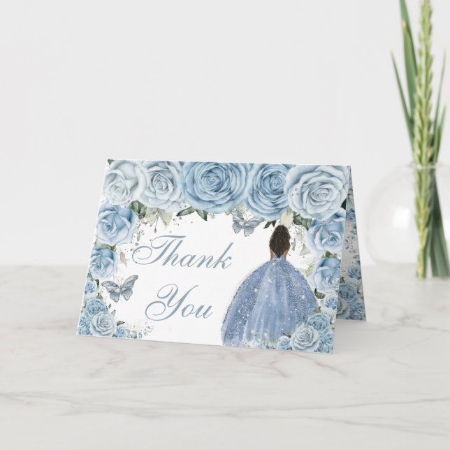 Baby Blue Floral Quinceañera Brown Princess  Thank You Card (Front)