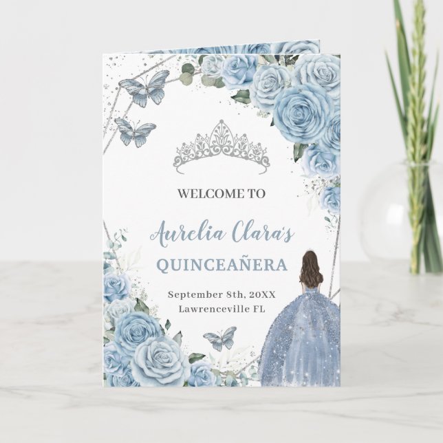 Baby Blue Floral Quinceanera Princess Butterflies  Program (Front)