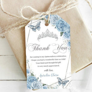 Baby Blue Floral Quinceanera Silver Butterflies Gift Tags