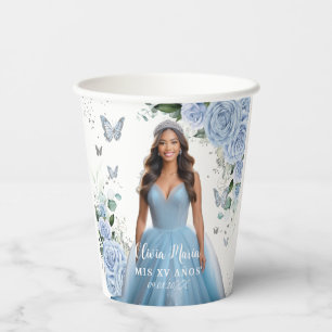 Baby Blue Floral Quinceañera Sweet 16 Photo Paper Cups
