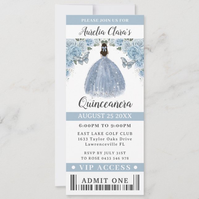 Baby Blue Floral Quinceañera Sweet 16 VIP Ticket Invitation (Front)