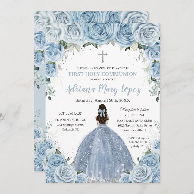 Baby Blue Floral Rose Girl Silver First Communion  Invitation (Front/Back)