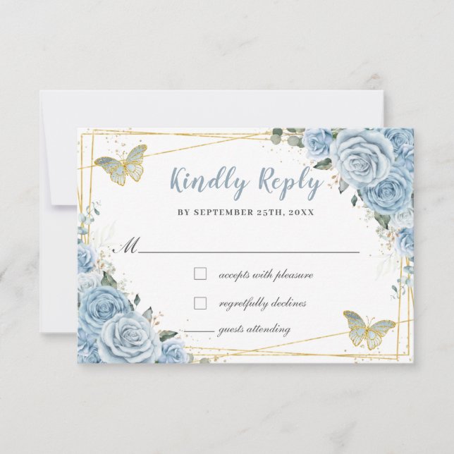 Baby Blue Floral Roses Gold Quinceañera Butterfly RSVP Card (Front)
