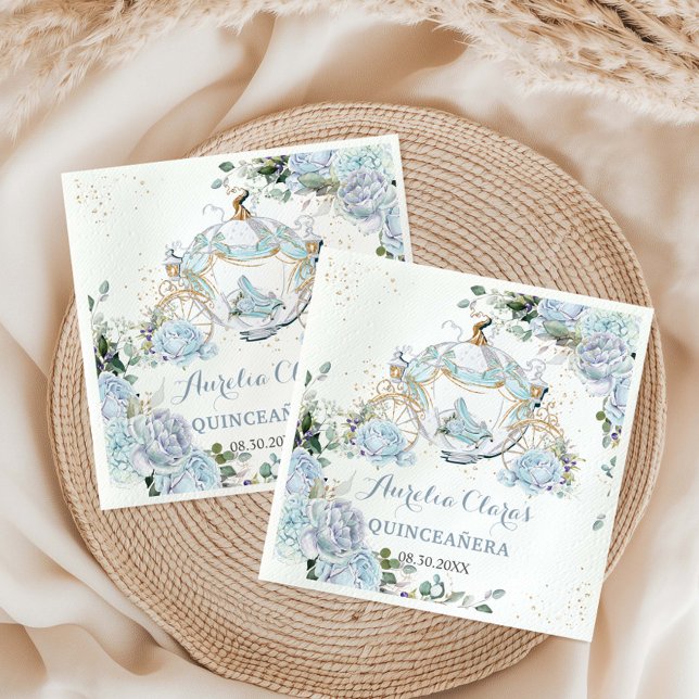 Baby Blue Floral Roses Princess Coach Quinceanera  Napkin (Creator Uploaded)