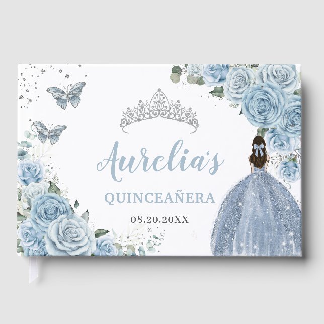 Baby Blue Floral Roses Princess Silver Quinceañera Guest Book (Front)