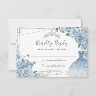 Baby Blue Floral Roses Quinceañera Butterfly Dress RSVP Card