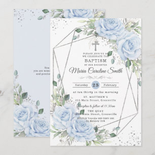Baby Blue Floral Silver Baptism Christening  Invitation