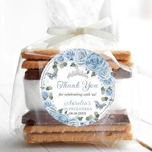 Baby Blue Floral Silver Butterflies Princess Favou Classic Round Sticker