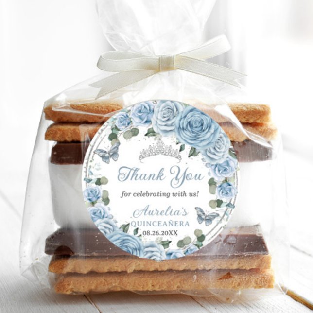 Baby Blue Floral Silver Butterflies Princess Favou Classic Round Sticker (Creator Uploaded)