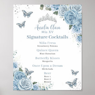 Baby Blue Floral Silver Quinceanera Bar Drink Menu Poster