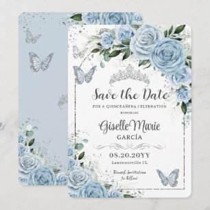 Baby Blue Floral Silver Quinceañera Butterflies Save The Date