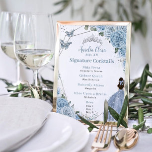 Baby Blue Floral Silver Quinceañera Drink Menu Poster