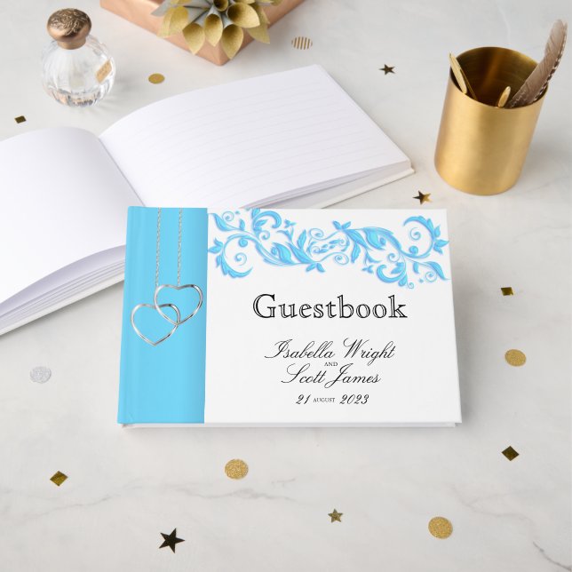 Baby Blue Floral Swirl and White  - Guestbook (Front Open)