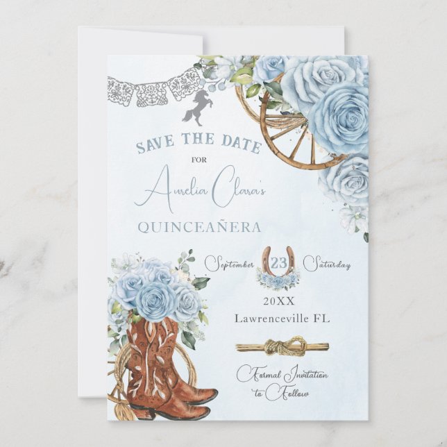 Baby Blue Floral Wild West Charro Quinceanera XV  Save The Date (Front)