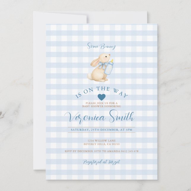 Baby Blue Gingham Bunny Baby Shower Invitation (Front)