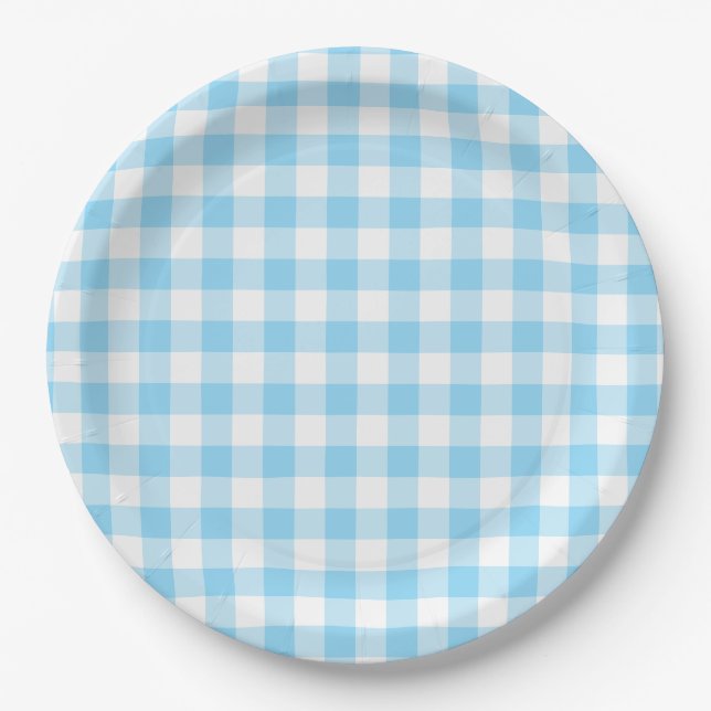 Baby Blue Gingham Check Paper Plate (Front)