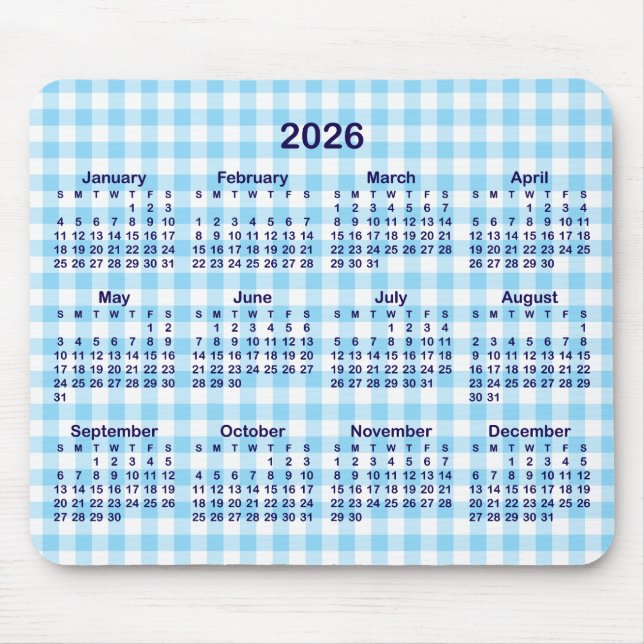 Baby Blue Gingham Plaid 2026 Calendar Mouse Pad (Front)