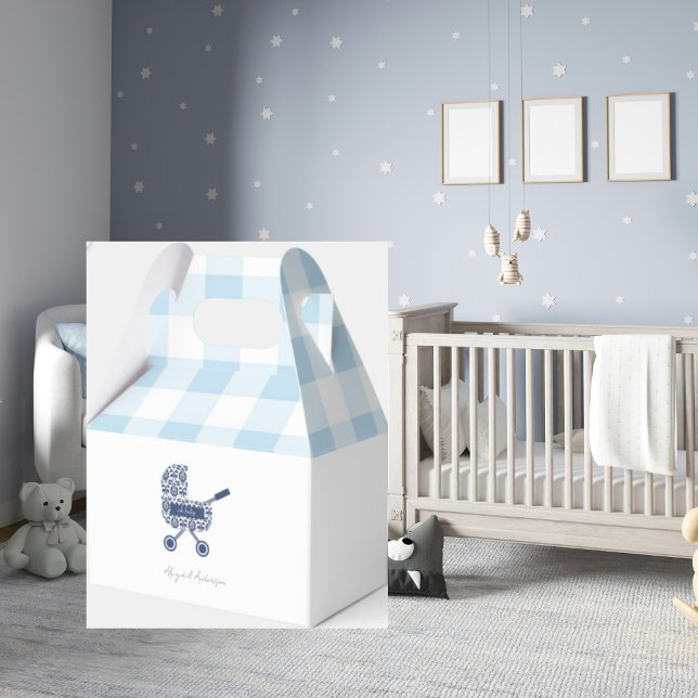 Baby Blue Gingham Pram Baby Shower  Favour Box (Creator Uploaded)
