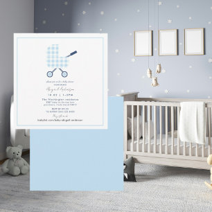 Baby Blue Gingham Pram Baby Shower Square  Invitation