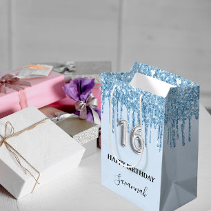 Baby blue glitter drips name Sweet 16 Medium Gift Bag