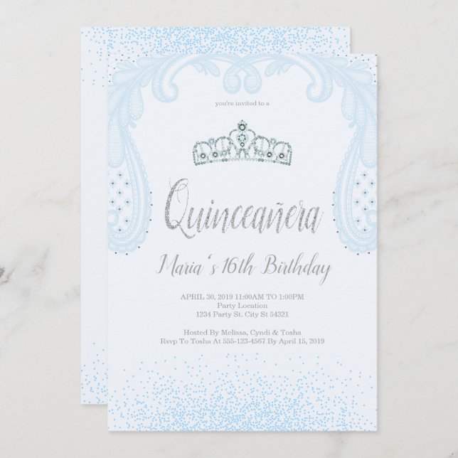 Baby Blue Glitter & Lace, Quinceañera Invitations (Front/Back)